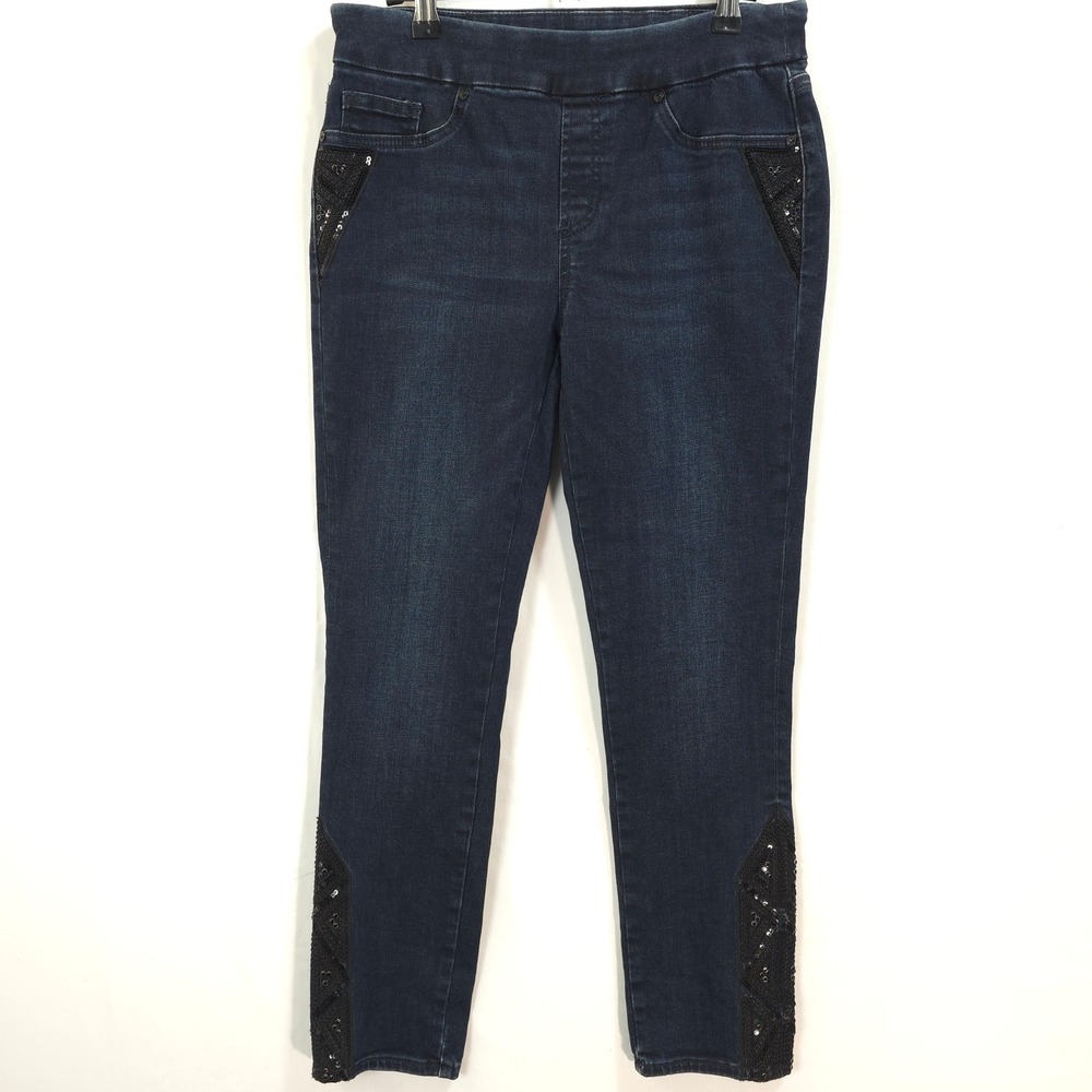 Chico's Pull On Jegging Ankle Women 4 Sequin‎ Trim Stretch Dark Indigo Glam Chic